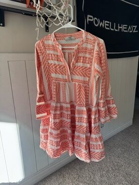 Devotion TWINS Coral and White Mini Dress with Geometric Print